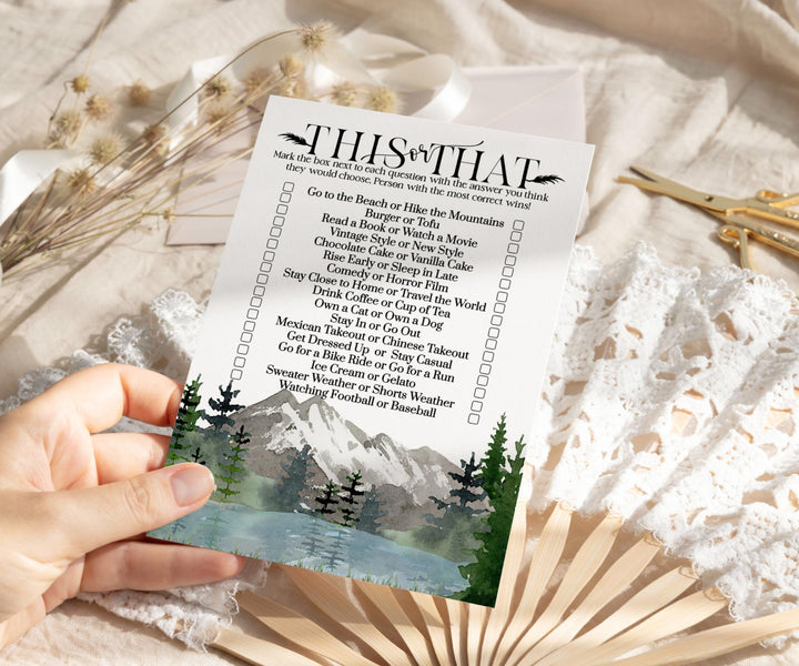 Rustic Mountain Adventure Would She Rather Bridal Shower Game - 25 Pack of This or That Birthday Party Activities - Paper Clever Party