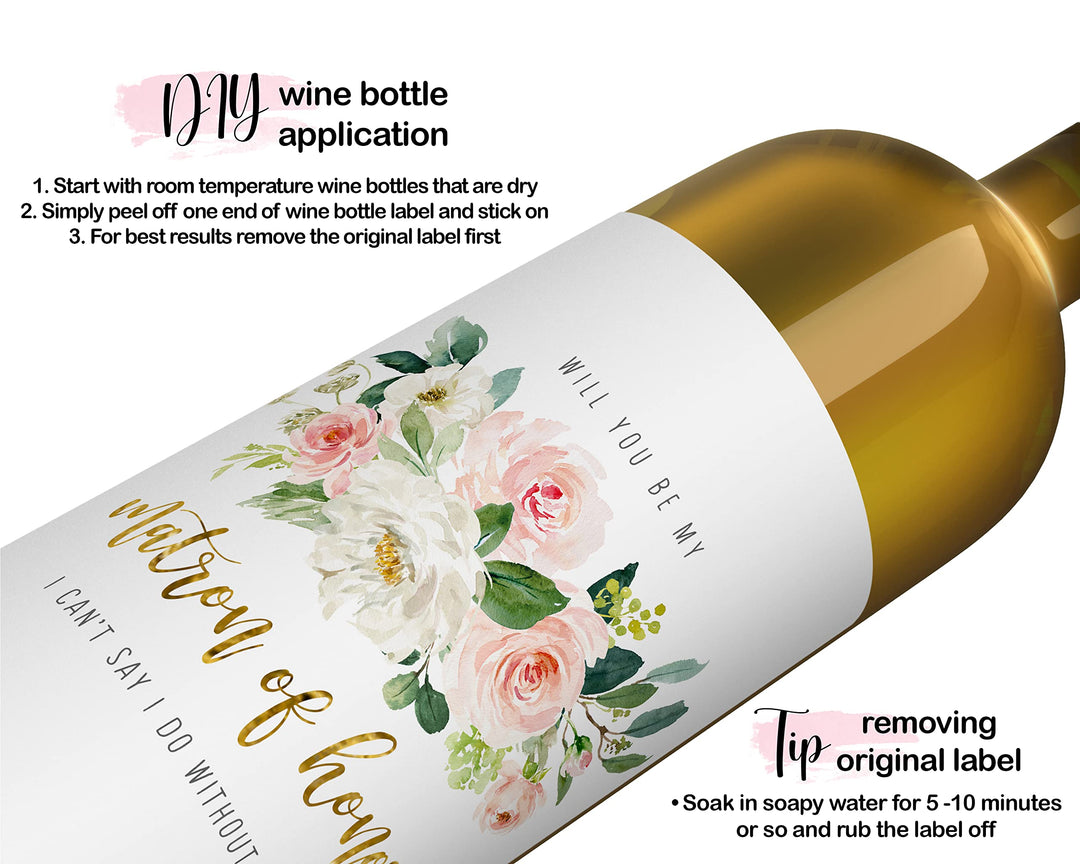 Graceful Floral Bridesmaid Wine Labels by Paper Clever - 12 Pack - Creative Wedding Party Invites - Paper Clever Party