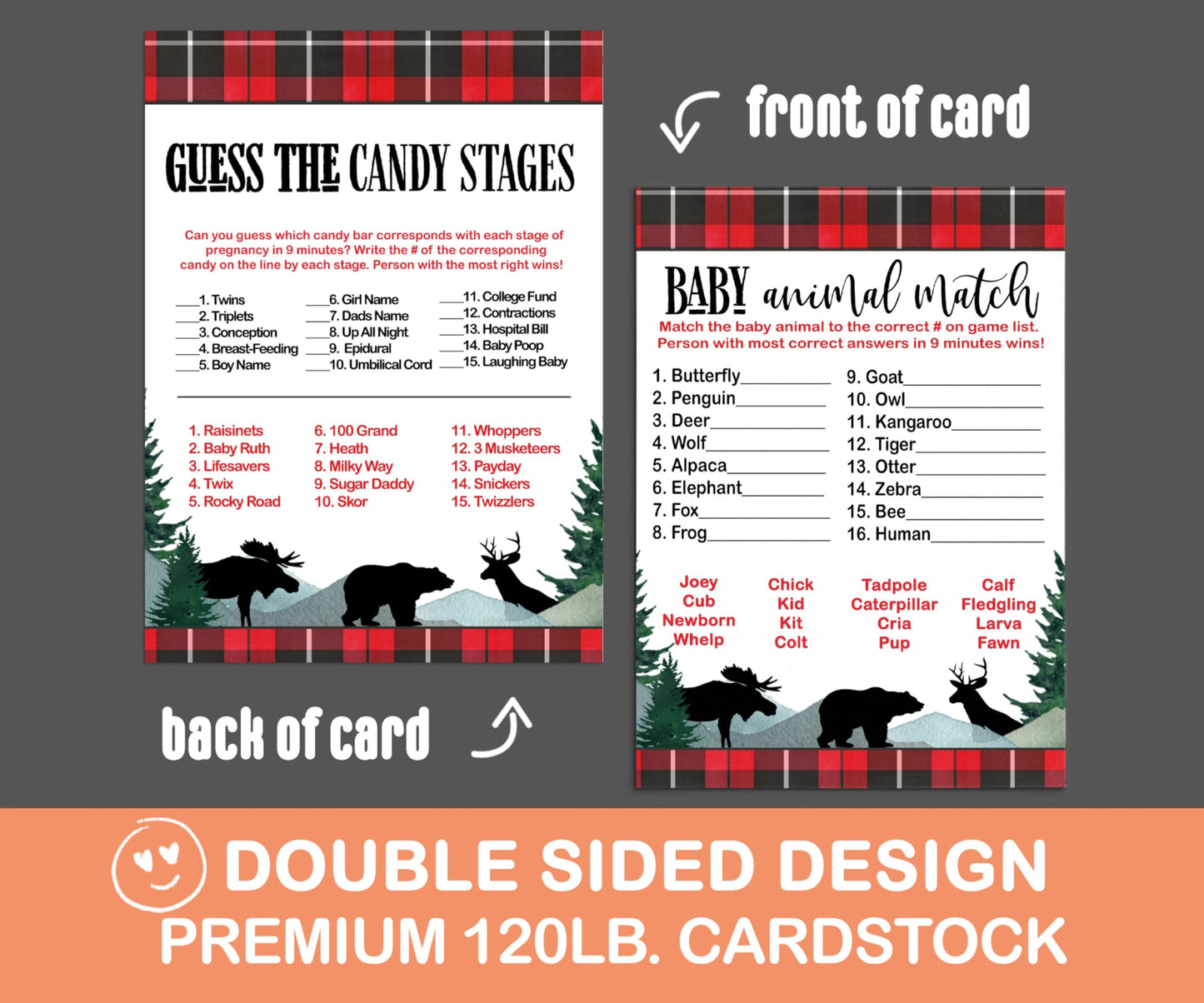 Animal Matching Games, Rustic Red Black, Double Sided 5x7 Cards, 25Paper Clever Party