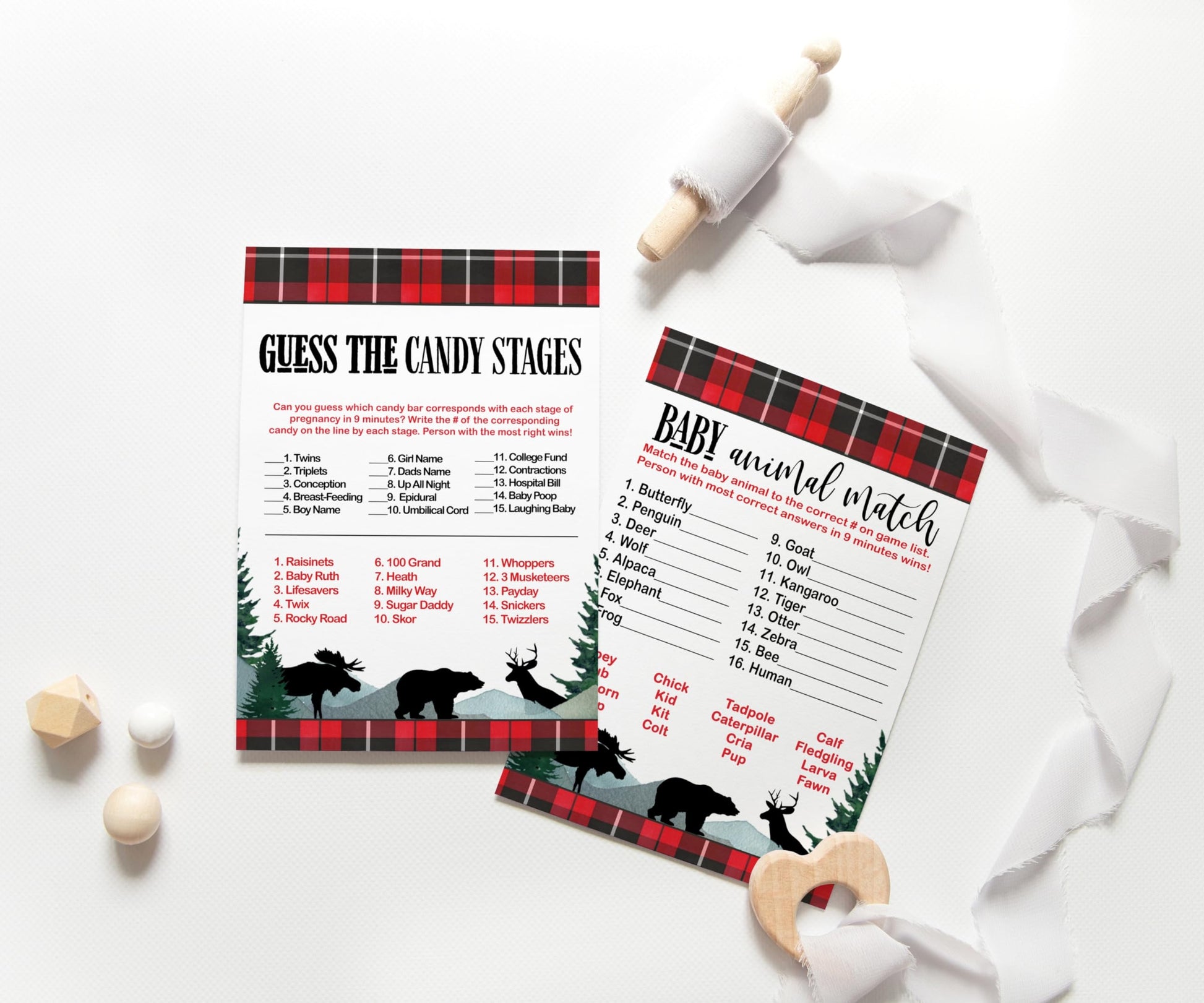 Animal Matching Games, Rustic Red Black, Double Sided 5x7 Cards, 25Paper Clever Party