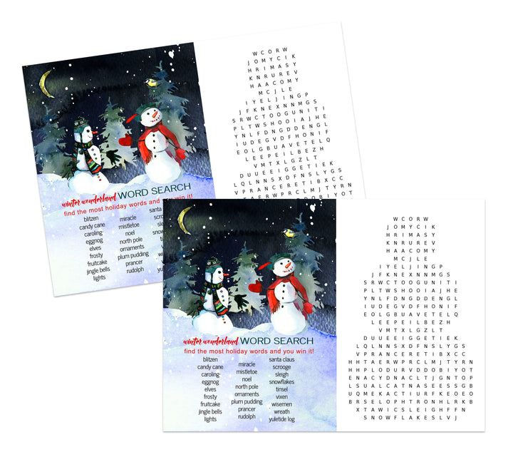 Snowman Christmas Game Word Search, Fun Holiday Party Activity for Thanksgiving, Groups Adults, Rustic Xmas 5x7 Cards, 25 Guests - Paper Clever Party