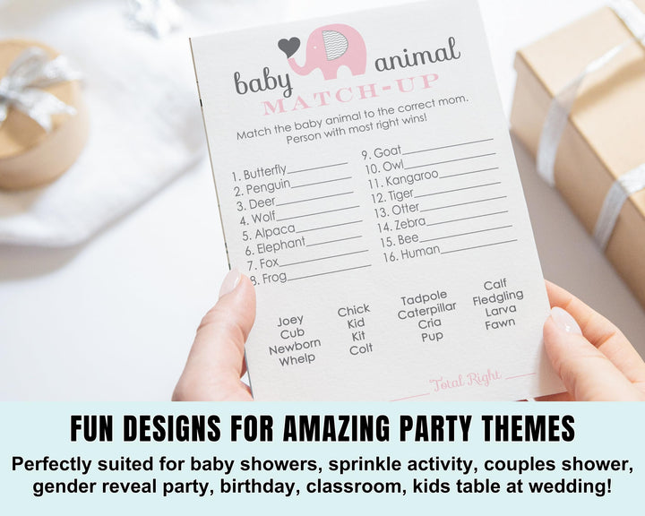 Pink Elephant Baby Animal Matching Game Cards (25 Pack) - Paper Clever Party