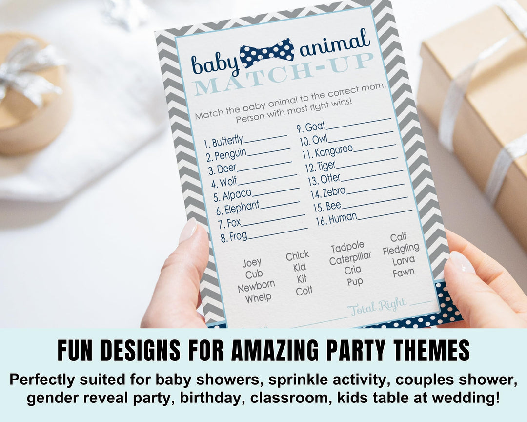 Bow Tie Baby Shower Game Cards Animal Matching (25 Pack) - Paper Clever Party