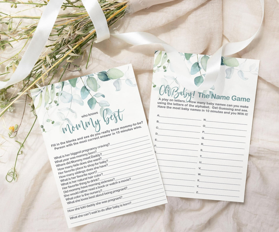 Botanical Bliss - Eucalyptus & Gold Baby Shower Game Set, 5x7 Double-Sided Cards (25 ct) - Paper Clever Party