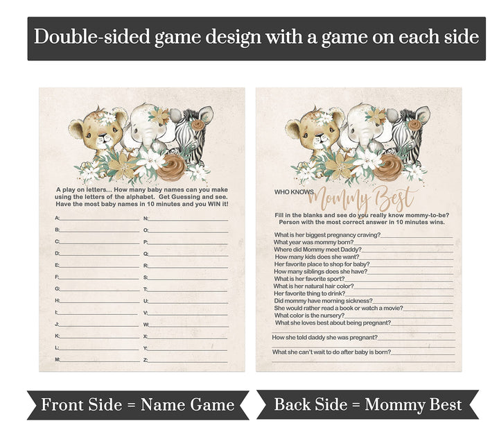 Jungle Jubilee - Flora Safari Baby Shower Game Set, Gold & Greenery, 5x7 Cards (25 ct) - Paper Clever Party