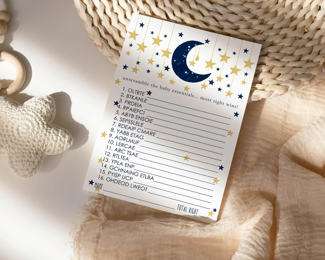 Twinkle Little Star Baby Shower Games Word Scramble - 25 Pack Unscramble Activity Cards for Dreamy Nighttime Event - Paper Clever Party