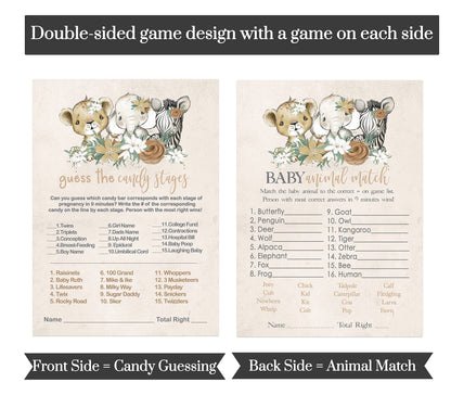 Flora Safari Baby Shower Game Girls, Baby Animal Matching, Candy Bar Match, Double Sided Cards, Greenery & Gold, 25 GuestPaper Clever Party