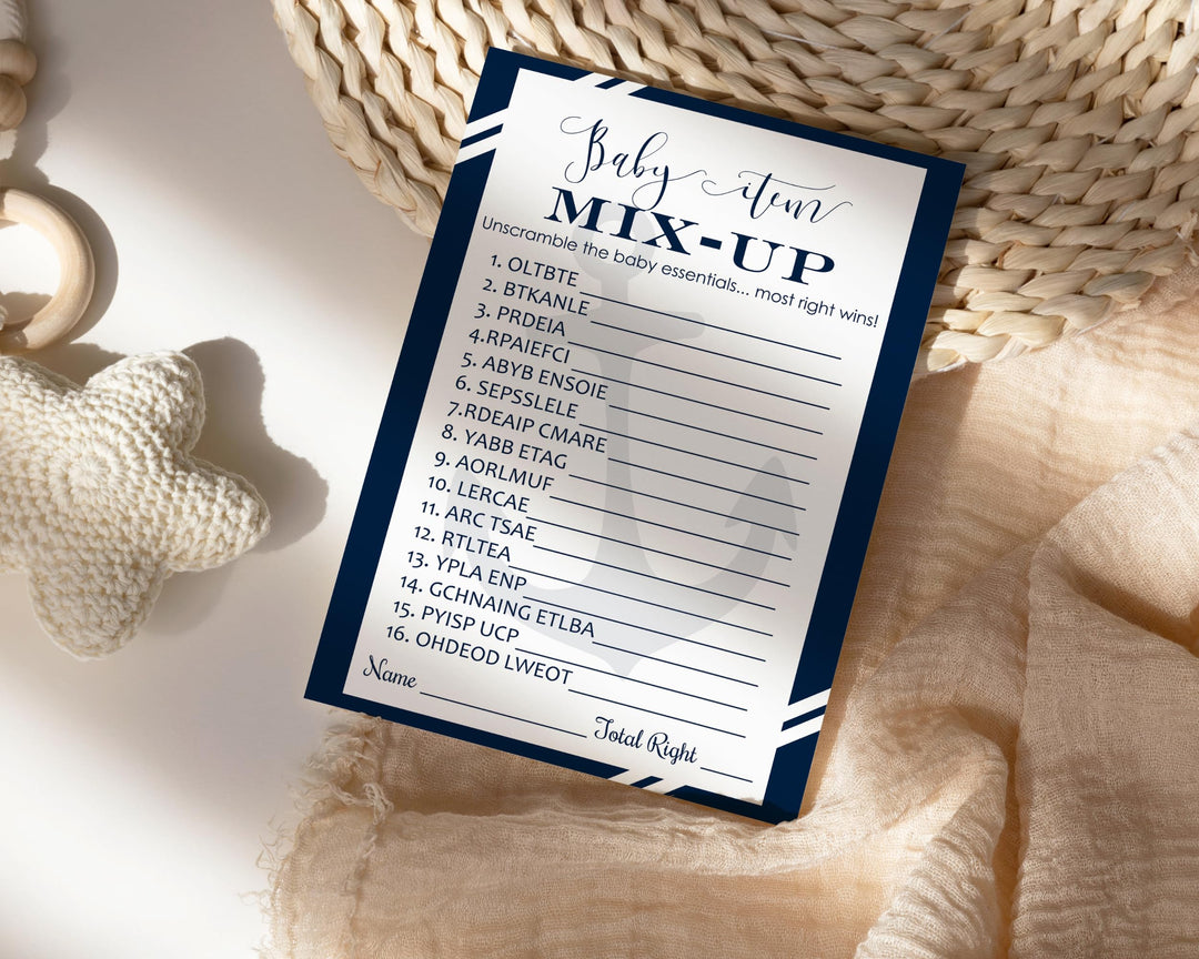 Nautical Baby Shower Word Scramble Game - 25 Pack Unscramble Activity Cards for Ahoy Boys Event - Anchor Supplies Navy Blue Grey - Printed 4x6 Size Set - Paper Clever Party