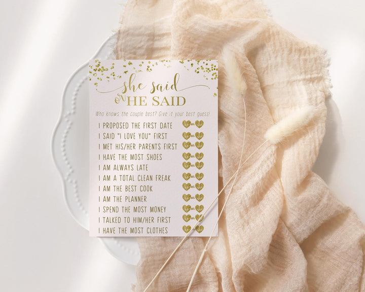 Pink and Gold Bridal Shower Game He or She Said, Elegant 4x6 Cards, 25 Guest Pack - Paper Clever Party