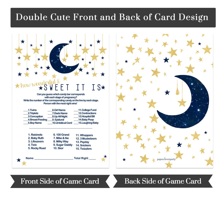 25-Card Celestial Baby Shower Candy Guessing Game - Twinkle Little Star - Navy & Gold Over the Moon - Paper Clever Party