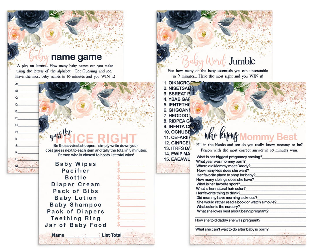 “Blushing Blossoms” - Floral Baby Shower Game Set for Girls, 5x7 Double-Sided Cards (25 ct) - Paper Clever Party