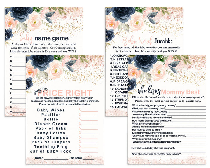 “Blushing Blossoms” - Floral Baby Shower Game Set for Girls, 5x7 Double-Sided Cards (25 ct) - Paper Clever Party