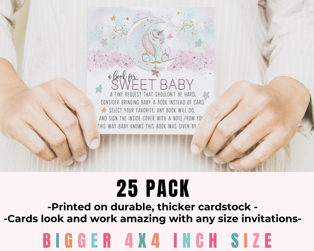 Paper Clever Party Unicorn Books for Baby Shower Request Cards, Invitation Insert Girls, 4x4, 25 Pack - Paper Clever Party