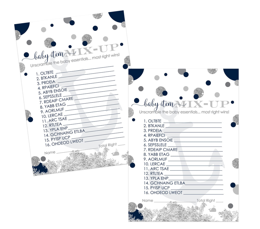 Ahoy Baby Shower Word Scramble Game Cards - 25 Pack Unscramble Activity for Whale Sprinkle - Anchor Themed Navy Blue Grey - Paper Clever Party