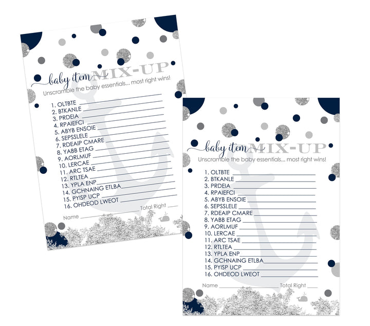 Ahoy Baby Shower Word Scramble Game Cards - 25 Pack Unscramble Activity for Whale Sprinkle - Anchor Themed Navy Blue Grey - Paper Clever Party