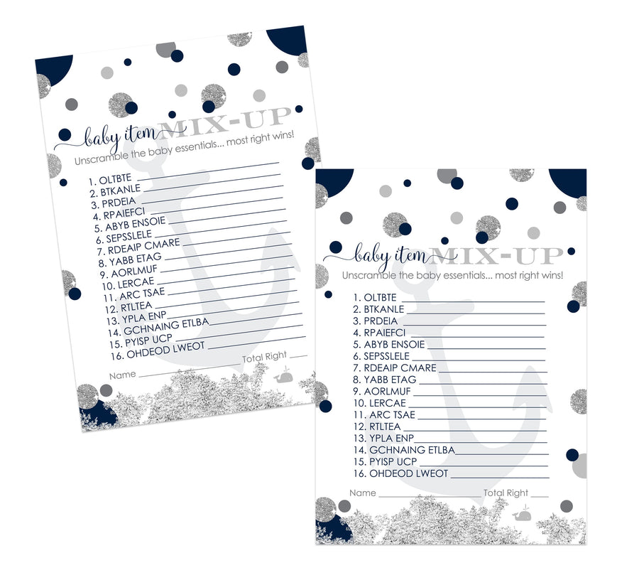 Ahoy Baby Shower Word Scramble Game Cards - 25 Pack Unscramble Activity for Whale Sprinkle - Anchor Themed Navy Blue Grey - Paper Clever Party