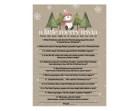 Snow Much Fun Trivia Game Holiday Party Activity with Movie and Song Questions for Adults, Office, Group, Snowman Thanksgiving, 25 Pack, 5x7 Cards, Version 4 - Paper Clever Party