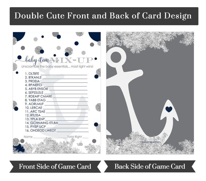 Ahoy Baby Shower Word Scramble Game Cards - 25 Pack Unscramble Activity for Whale Sprinkle - Anchor Themed Navy Blue Grey - Paper Clever Party