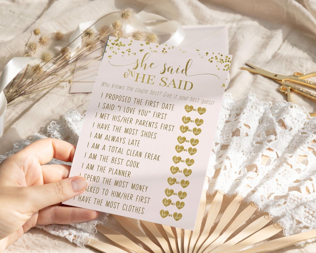 Pink and Gold Bridal Shower Game He or She Said, Elegant 4x6 Cards, 25 Guest Pack - Paper Clever Party