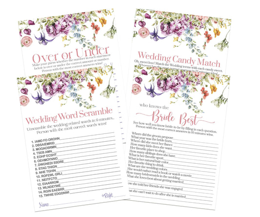 Wildflower Bridal Shower Game Bundle, 4 Different Activities on Double Sided 5x7 Cards, 25 Each