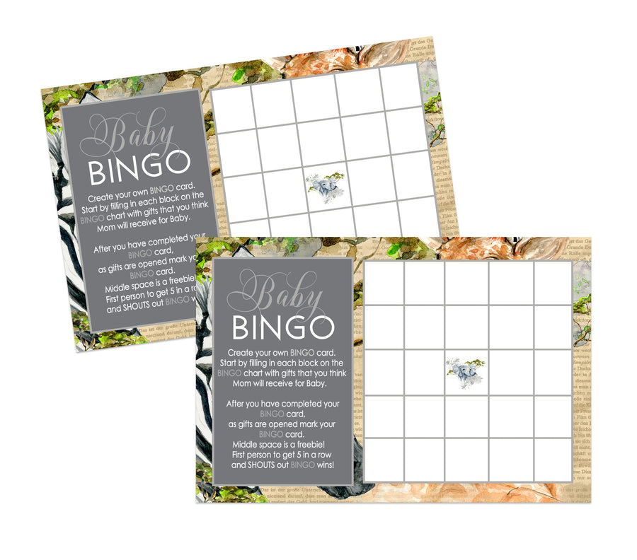 Gender Neutral Jungle Safari Baby Shower Bingo Game - Paper Clever Party