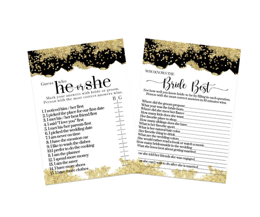 Elegant Black & Gold ‘He or She Said’ Game - Bridal Shower 25 Pack