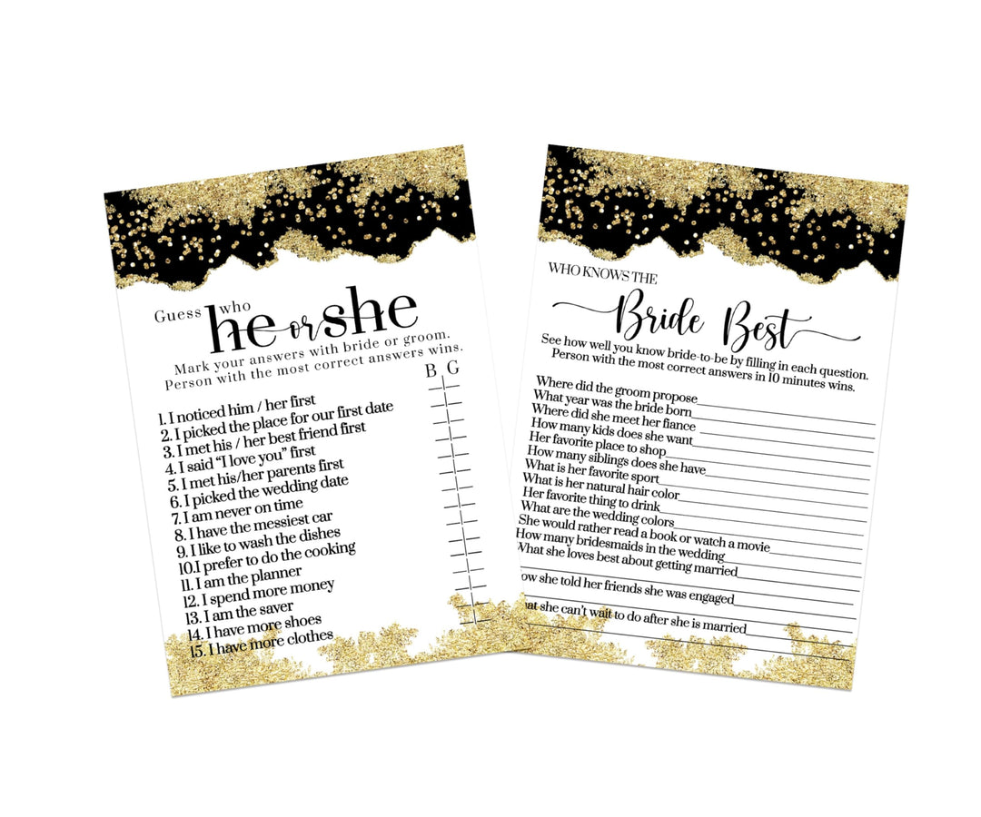 Elegant Black and Gold He or She Said Bridal Shower Game - Modern 5x7 Cards for 25 Guests, Plus Bride Best Challenge - Paper Clever Party