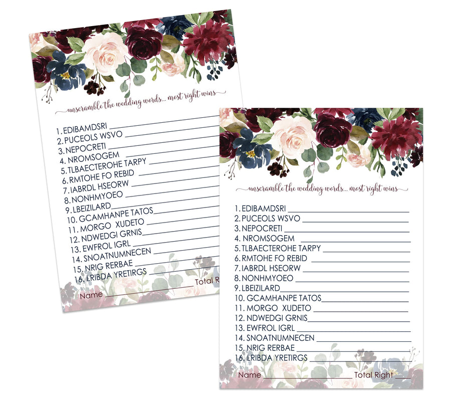 Wedding Word Scramble Indigo Floral Bridal Shower Game - Burgundy and Navy, 5x7 Cards for 25 Guests - Paper Clever Party