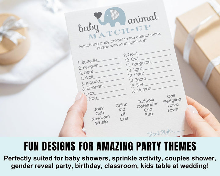 Elephant Baby Shower Game Cards Animal Matching (25 Pack) - Paper Clever Party