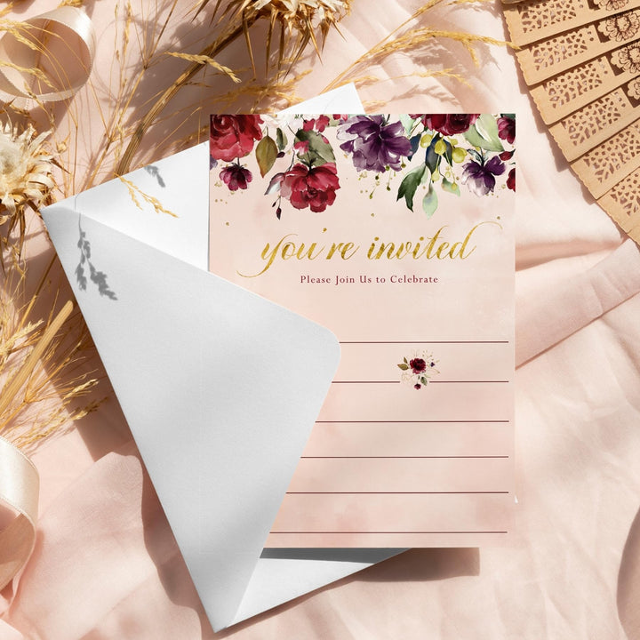 Burgundy Floral Invites - Rustic Elegance, 25ct, 5x7 - Paper Clever Party