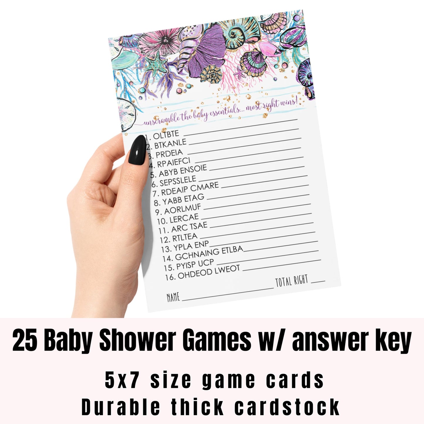 Enchanting Seashells Baby Shower Games Word Scramble Cards (25 Pack) Gender Reveal Unscramble Activity Mermaid Royal Sea Princess, 5x7 SetPaper Clever Party