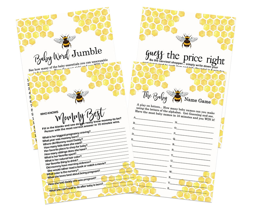 Bumblebee Baby Shower Game Pack, Yellow & Black, 5x7 Cards (25 ct) - Paper Clever Party