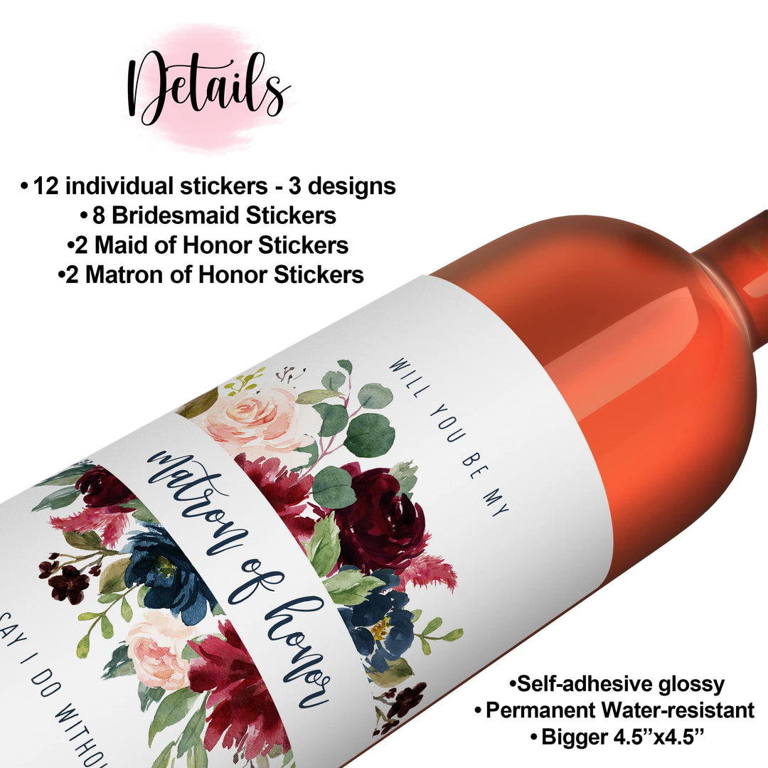 Indigo Floral Bridesmaid Wine Labels Maid of Honor and Matron of Honor - Bridal Attendants Stickers – Asking My Wedding Party Gift Ideas – Set of 12 - Paper Clever Party - Paper Clever Party