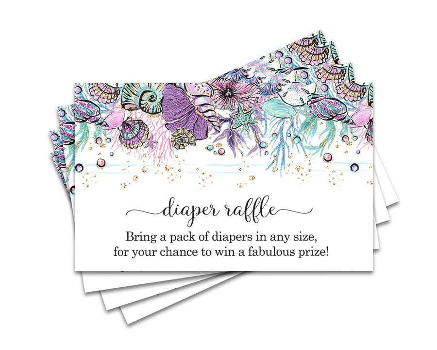 Enchanting Seashells Diaper Raffle Tickets for Baby Shower Games - Purple and Teal Theme - 25 Pack - Paper Clever Party