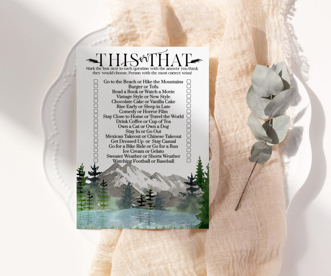 Rustic Mountain Adventure Would She Rather Bridal Shower Game - 25 Pack of This or That Birthday Party Activities - Paper Clever Party