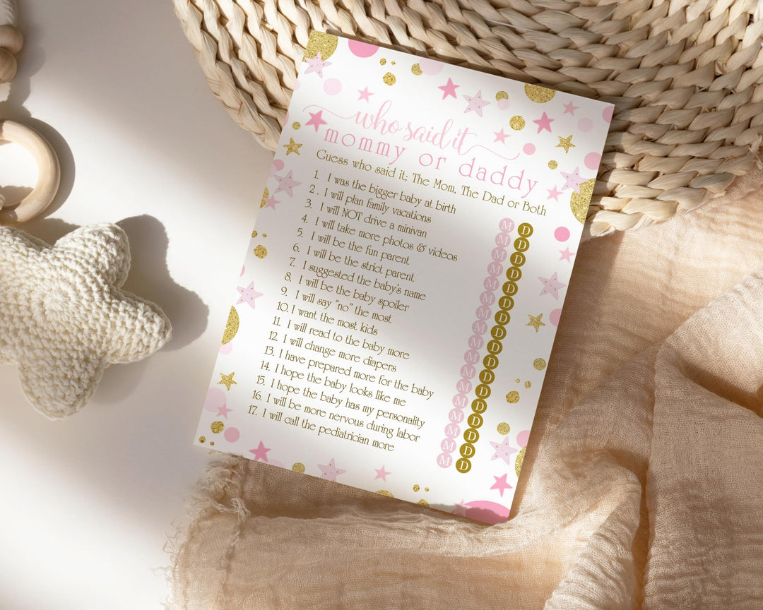 Pink and Gold Baby Shower Game Guess Who Said It Guessing Activity for Guests Twinkle Star Princess Themed Ideas, 25 Pack - Paper Clever Party