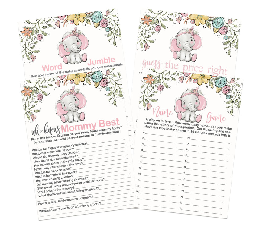 Elephant Elegance - Cottage Elephant Baby Shower Game Set, Pink, 5x7 Cards (25 ct) - Paper Clever Party