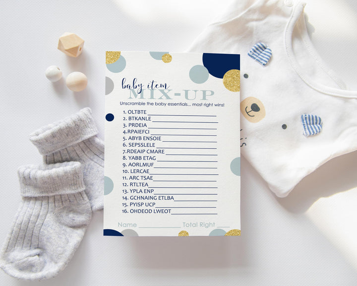 Navy & Gold Baby Shower Word Scramble Game, Twinkle Little Star Royal Prince Theme, Fun Gender Reveal Activity, 25-Pack - Paper Clever Party