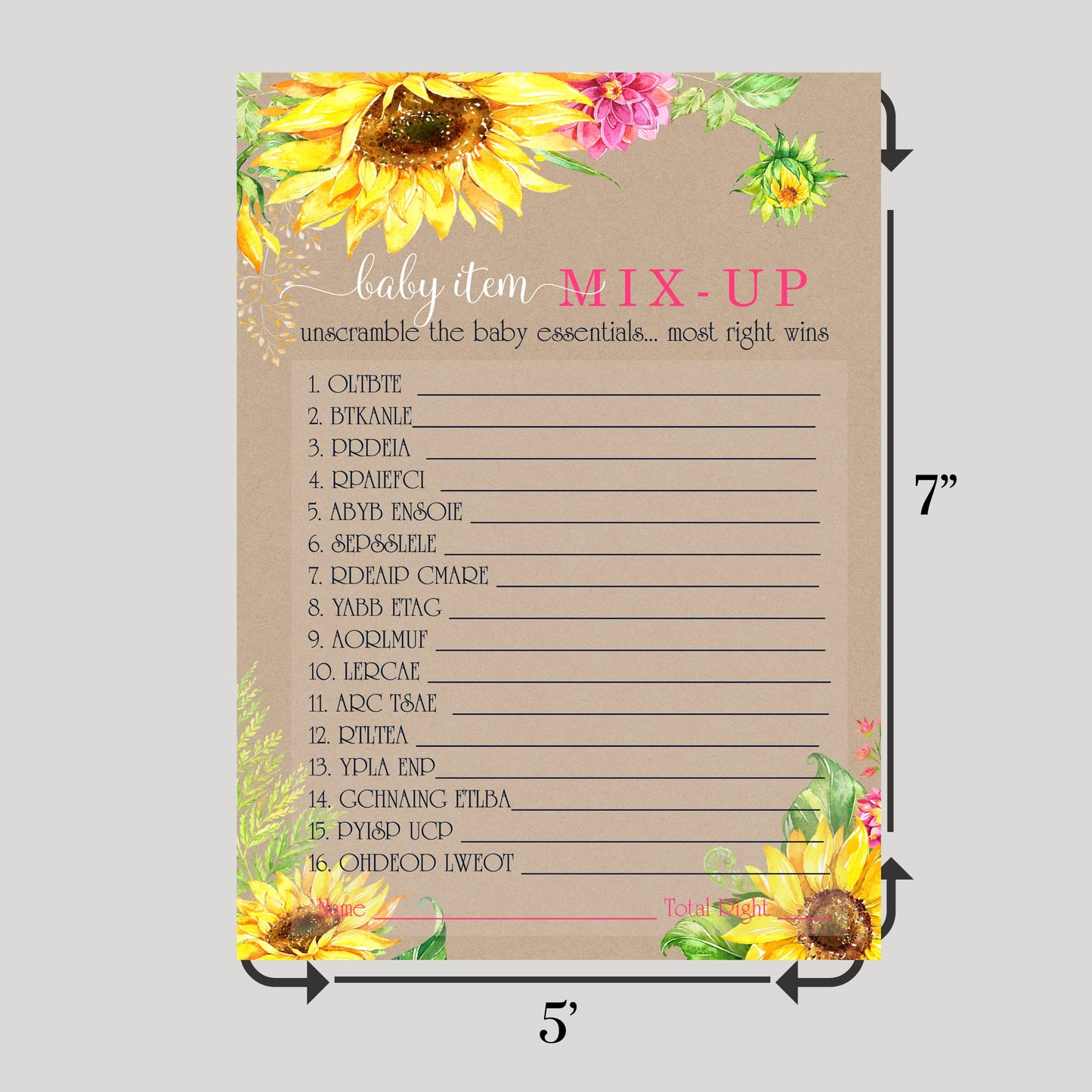 Sunflower Baby Shower Word Scramble Game Cards (25 Pack) Unscramble Activity Gender Reveal - Girls Baby Shower Games - Fall Rustic Floral Yellow Pink - Printed 5x7 Size SetPaper Clever Party