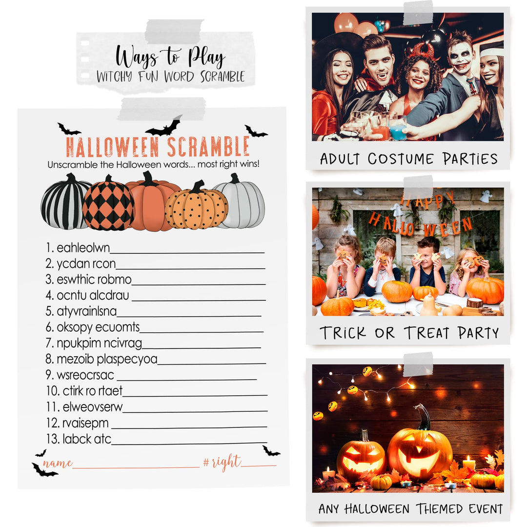 Bewitched Halloween Party Games Word Scramble for Pumpkin Baby Shower, Adults, Kids Birthday, Wedding Fall Festival, Orange and Black, 5x7 Cards, 25 Guests - Paper Clever Party