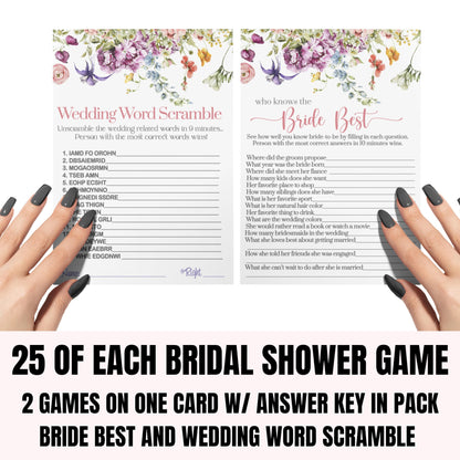 Paper Clever Party Wildflower Bridal Shower Game Bundle, 4 Different Activities on Double Sided 5x7 Cards, 25 Each