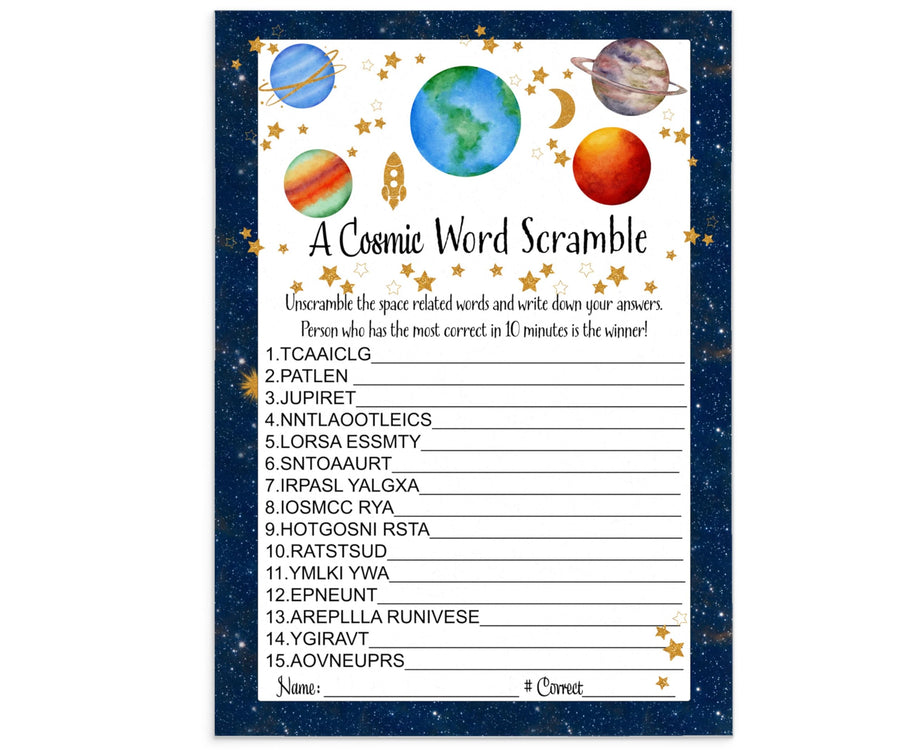 25-Pack Cosmic Baby Shower Word Scramble Game - Celestial Theme, Educational Space Fun, 5x7 - Paper Clever Party