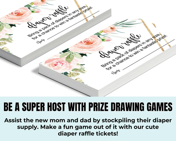 Graceful Floral Diaper Raffle Tickets - Baby Shower Game Inserts by Paper Clever Party, 50 Pack - Paper Clever Party