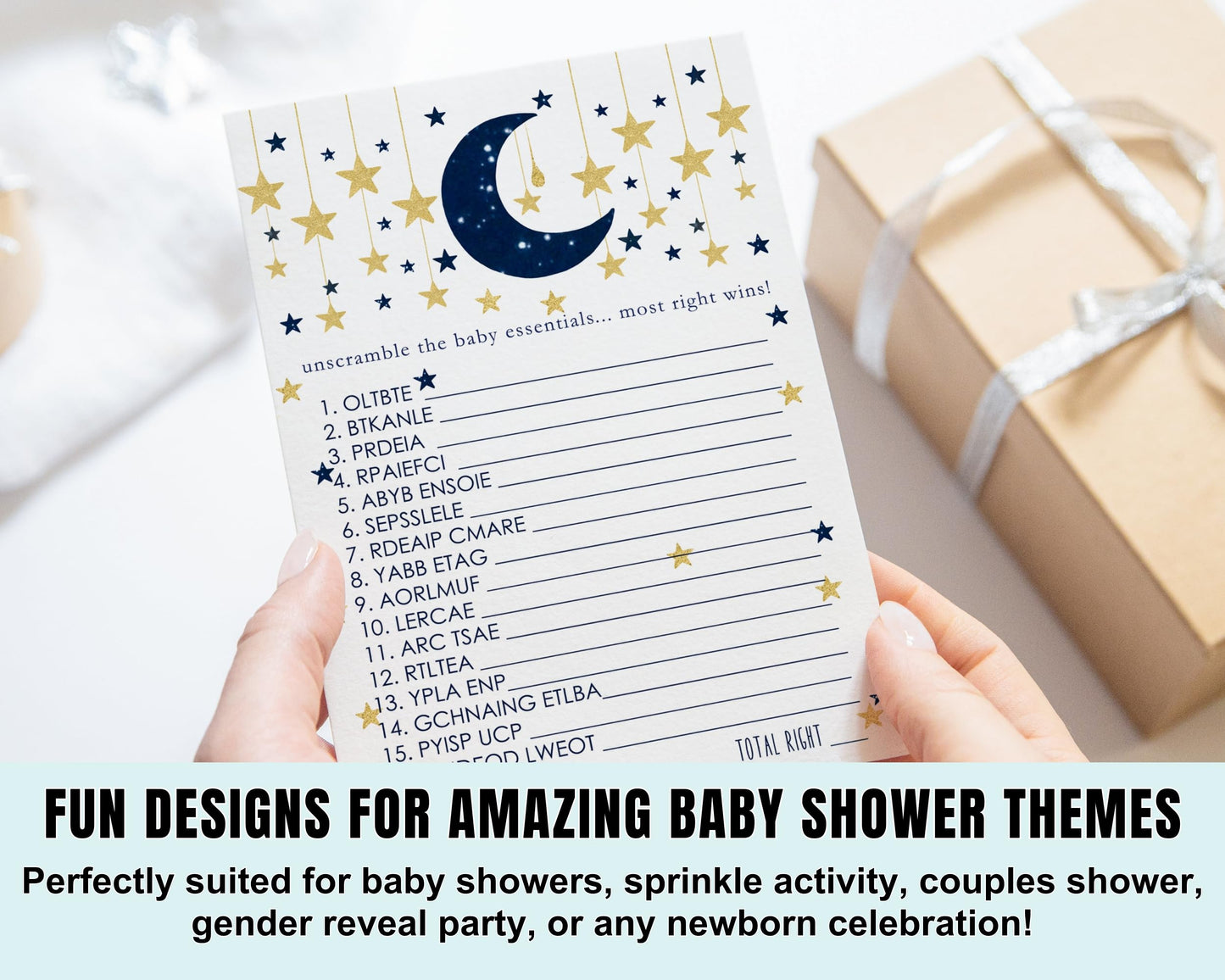 Star Baby Shower Games Word Scramble Cards (25 Pack) Unscramble Activity Cards Gender Reveal - Boys Celestial Moon Design Navy Gold Themed - Printed 5x7 Size SetPaper Clever Party