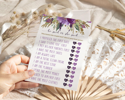 Rustic Lilac He or She Said Bridal Shower Game - Funny Couple’s Wedding Activity, Purple and Gold, 25 Pack