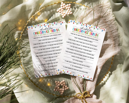 Festive Lights Christmas Trivia Game Fun Party Activity with Holiday Movie and Song Questions for Adults, Office, Group, Thanksgiving, 25 Pack, 5x7 Cards, Version 2 - Paper Clever Party