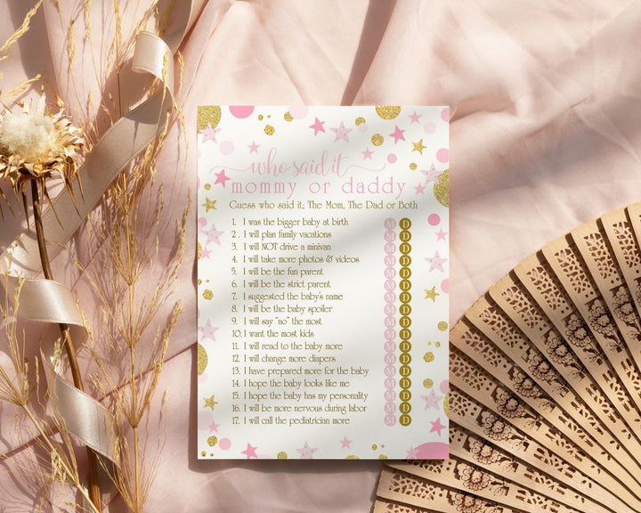 Pink and Gold Baby Shower Game Guess Who Said It Guessing Activity for Guests Twinkle Star Princess Themed Ideas, 25 Pack - Paper Clever Party