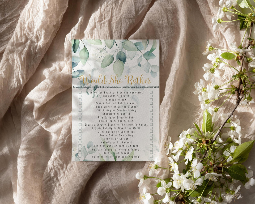 Rustic Eucalyptus Floral Would She Rather Greenery and Gold Bridal Shower Game - Wedding Bride Best, 25 Pack - Paper Clever Party