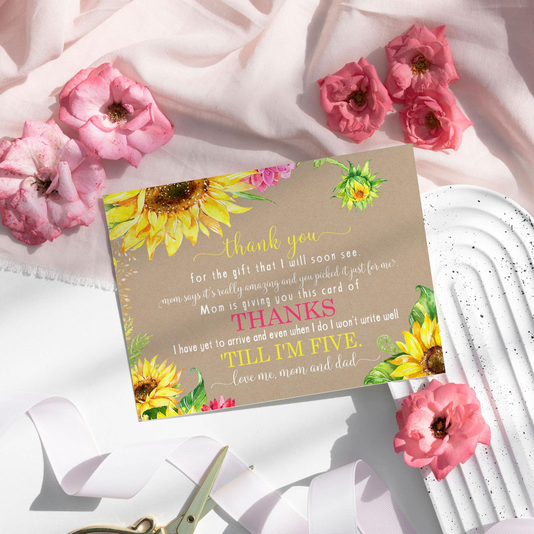 Sunflower Baby Shower Thank You Cards - Rustic Neutral (15 Pack) with Pink Envelopes, 4x6 - Paper Clever Party