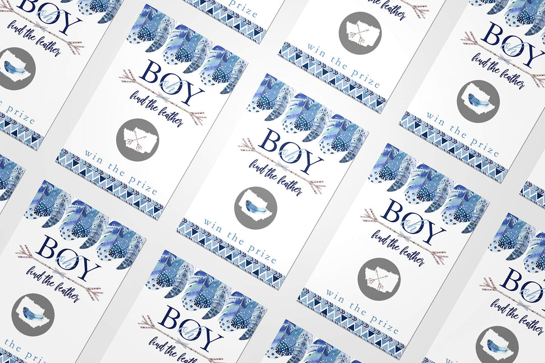 Boys Baby Shower Adventure Awaits Scratch Off Game Cards (30 Pack) - Blue Boho Feather Party Favors - Paper Clever Party